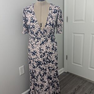 Floral V-Neck Maxi Dress - Navy and Pink